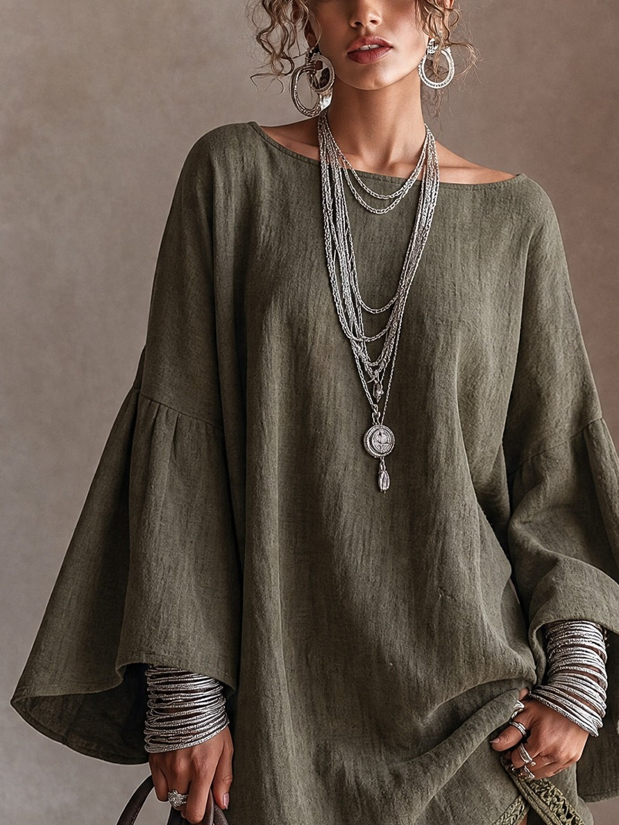 Olive Green Linen‑Blend Wide‑Bell‑Sleeve Lace‑Trim Tunic Mini Dress