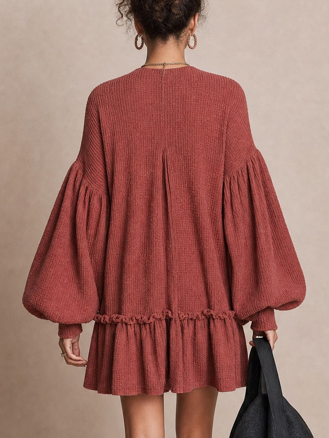Rust Waffle‑Knit Balloon‑Sleeve Ruffle‑Hem Mini Dress