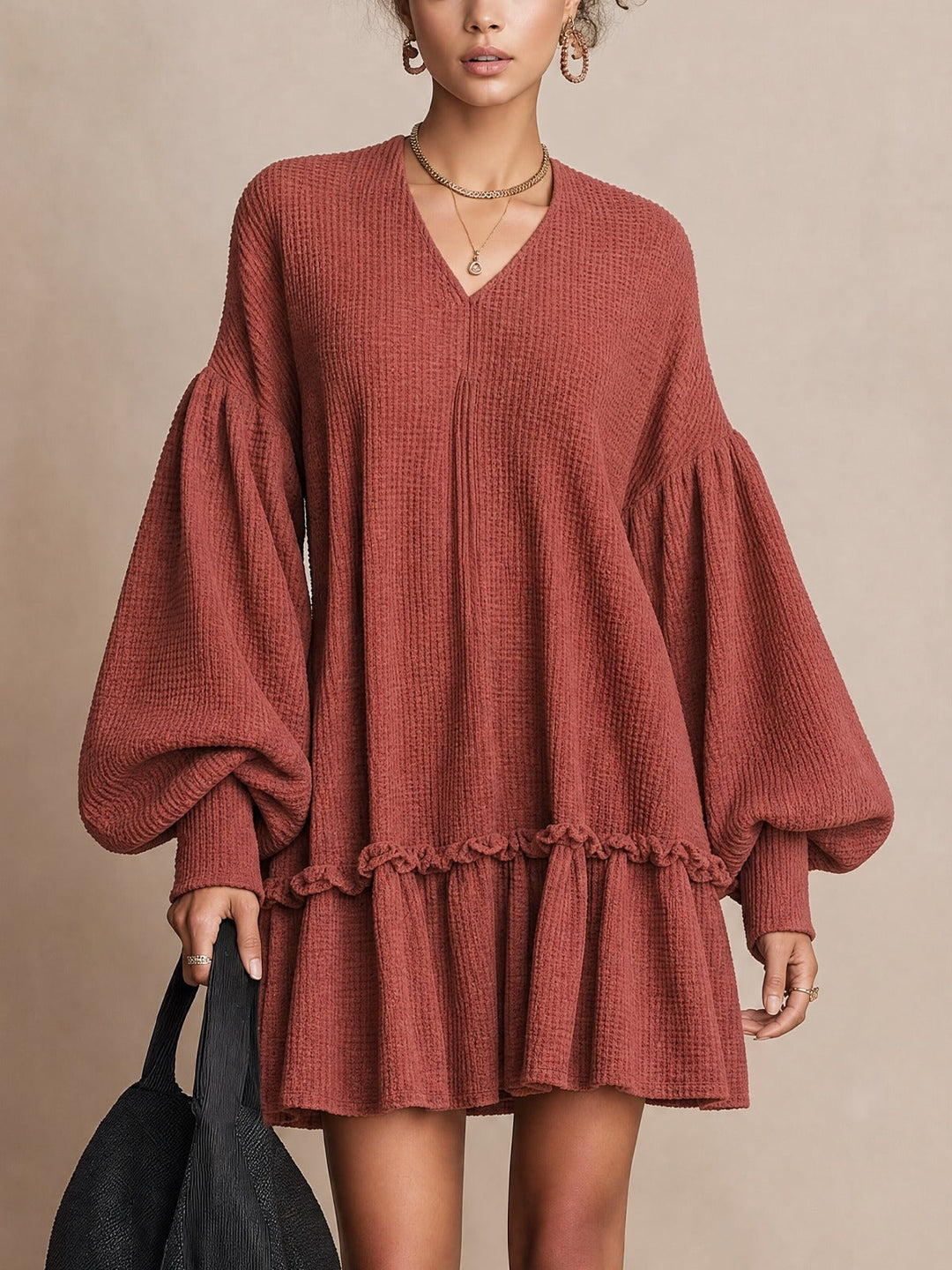 Rust Waffle‑Knit Balloon‑Sleeve Ruffle‑Hem Mini Dress