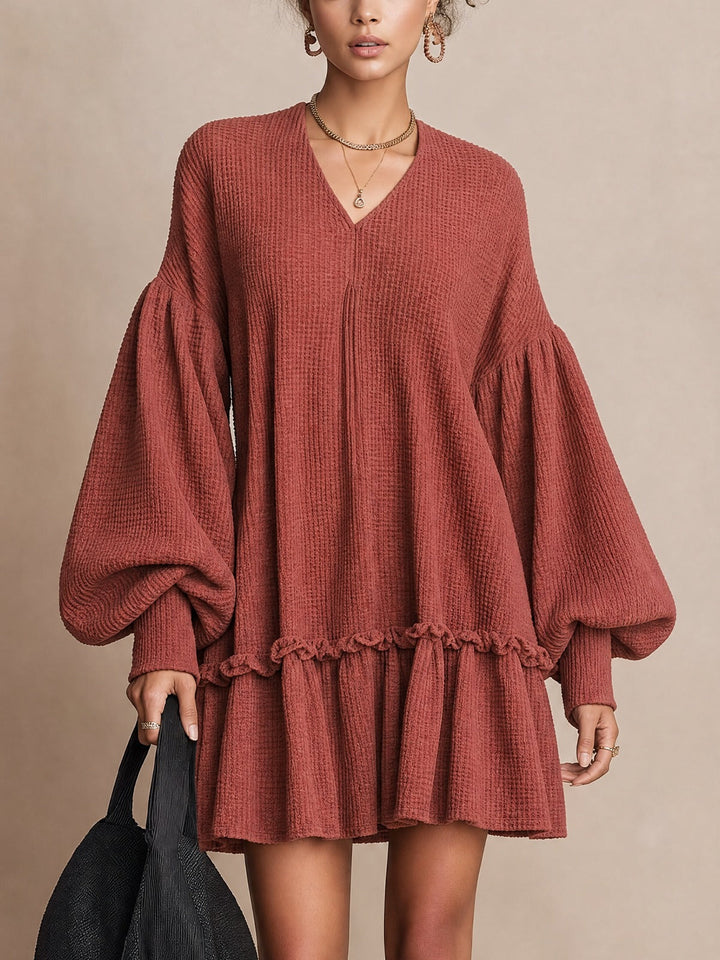 Rust Waffle‑Knit Balloon‑Sleeve Ruffle‑Hem Mini Dress