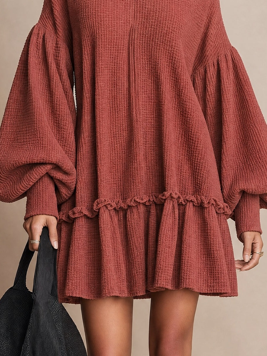 Rust Waffle‑Knit Balloon‑Sleeve Ruffle‑Hem Mini Dress