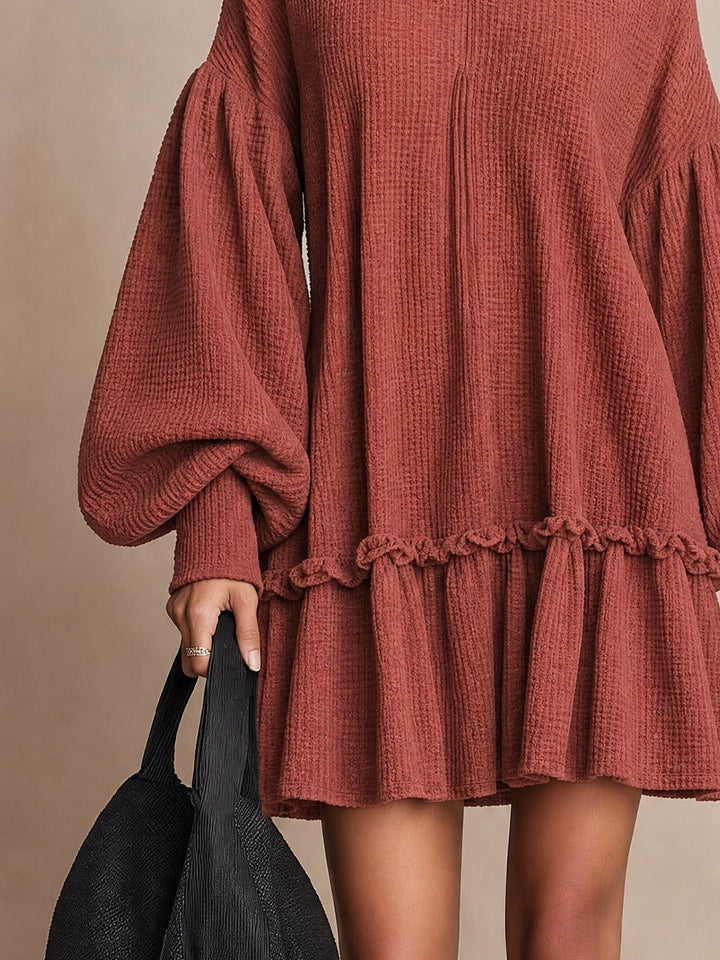 Rust Waffle‑Knit Balloon‑Sleeve Ruffle‑Hem Mini Dress