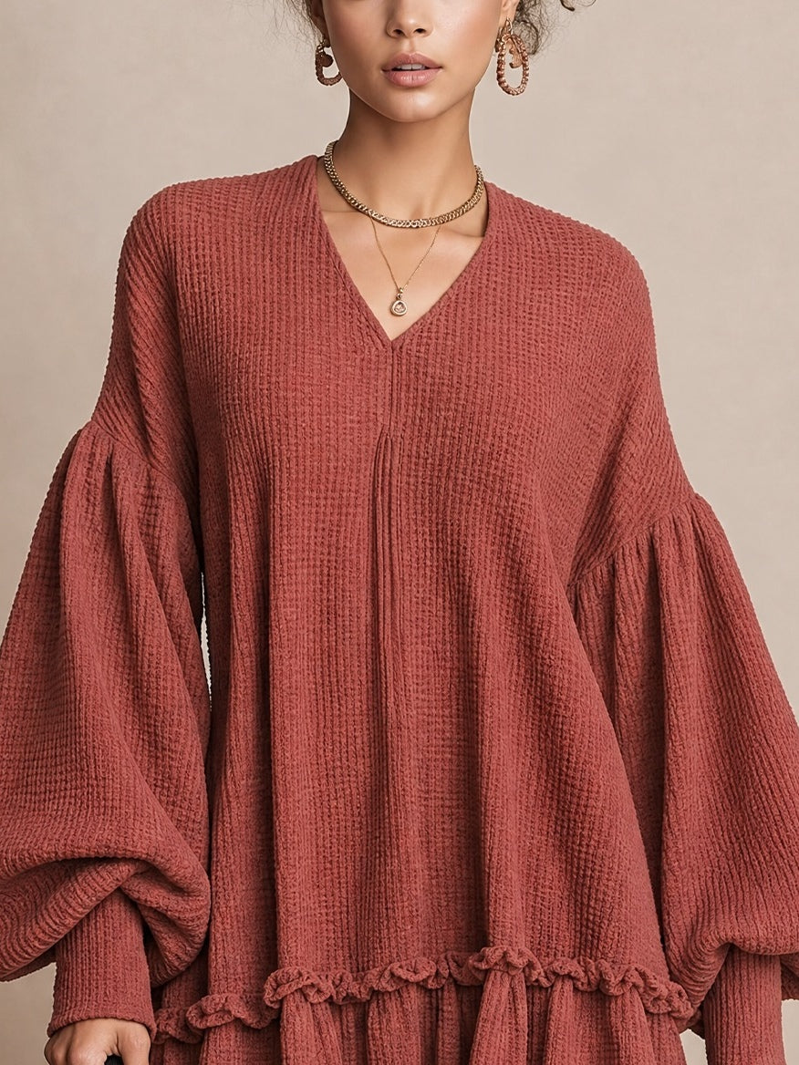 Rust Waffle‑Knit Balloon‑Sleeve Ruffle‑Hem Mini Dress