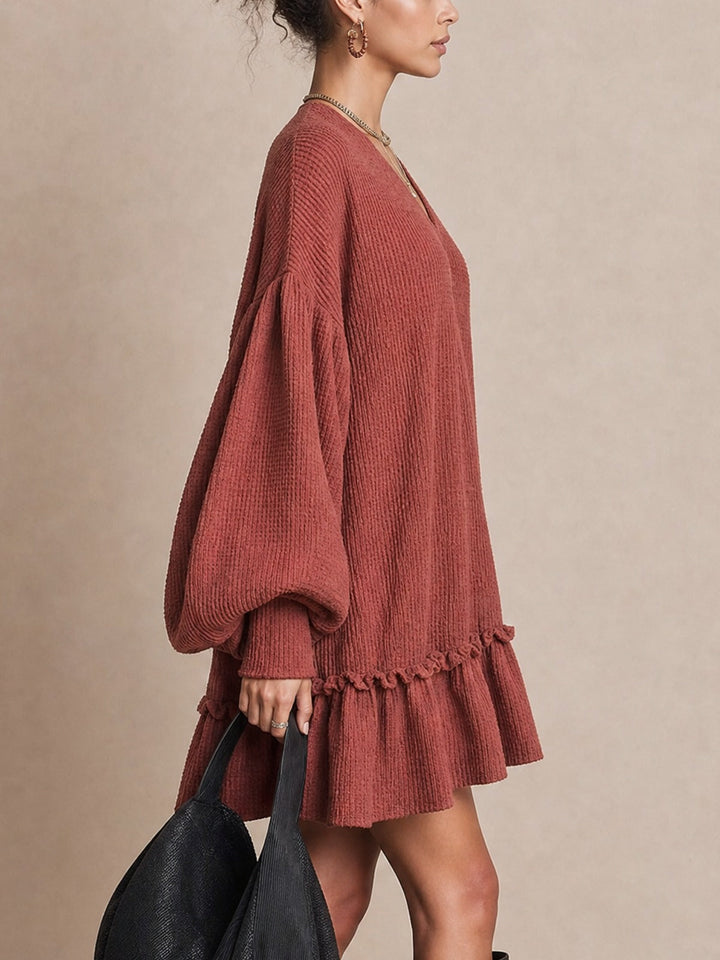 Rust Waffle‑Knit Balloon‑Sleeve Ruffle‑Hem Mini Dress