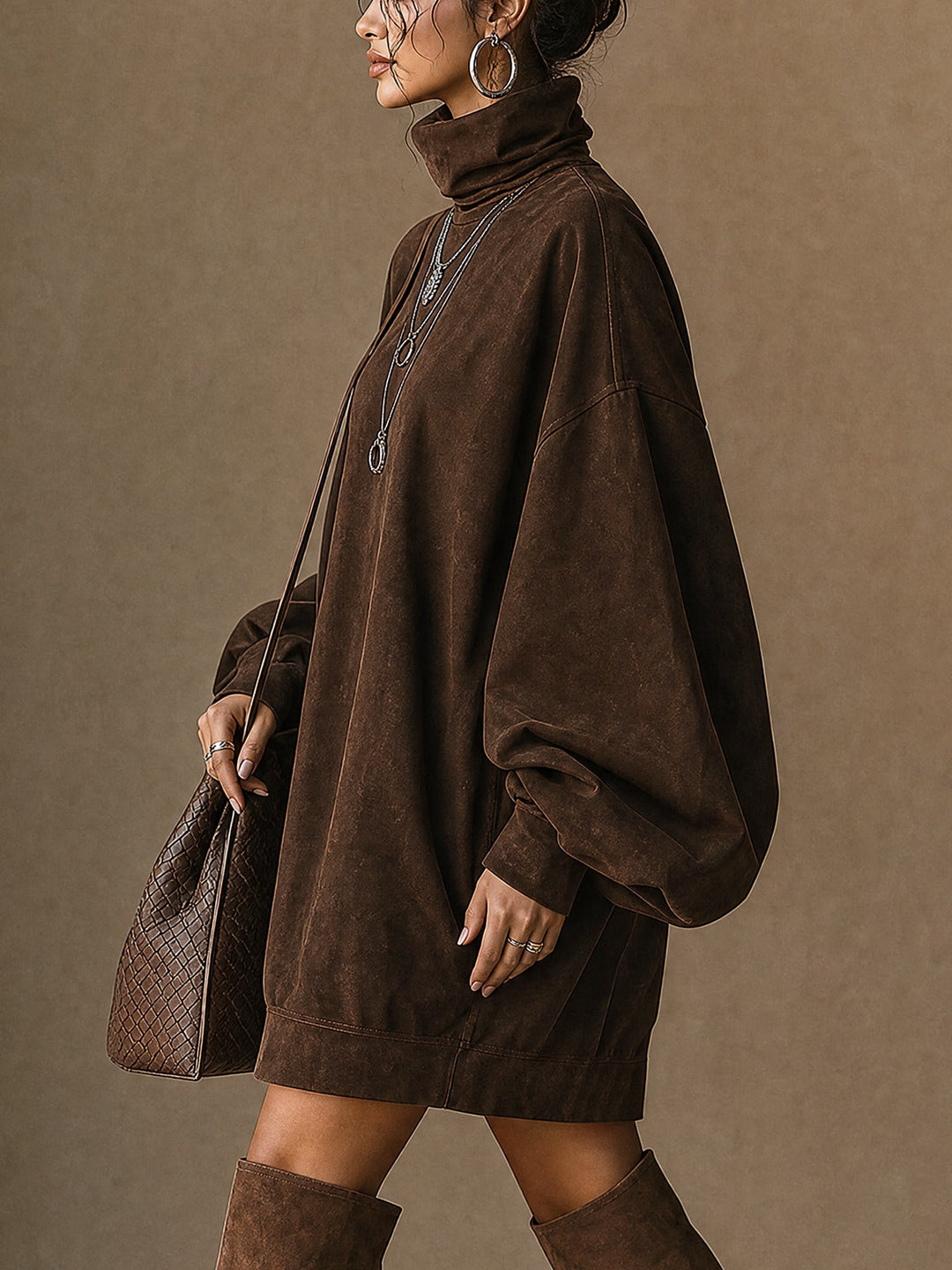 Brown Faux Suede Turtleneck Balloon Sleeve Mini Dress