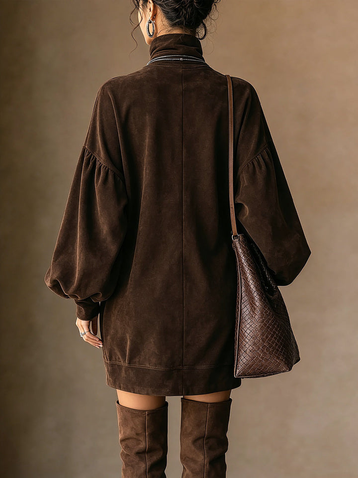 Brown Faux Suede Turtleneck Balloon Sleeve Mini Dress