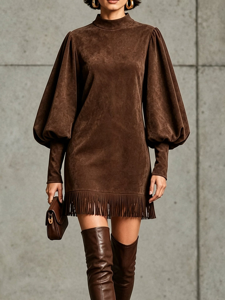 Chocolate Brown Faux‑Suede Lantern‑Sleeve Fringe‑Hem Mini Dress