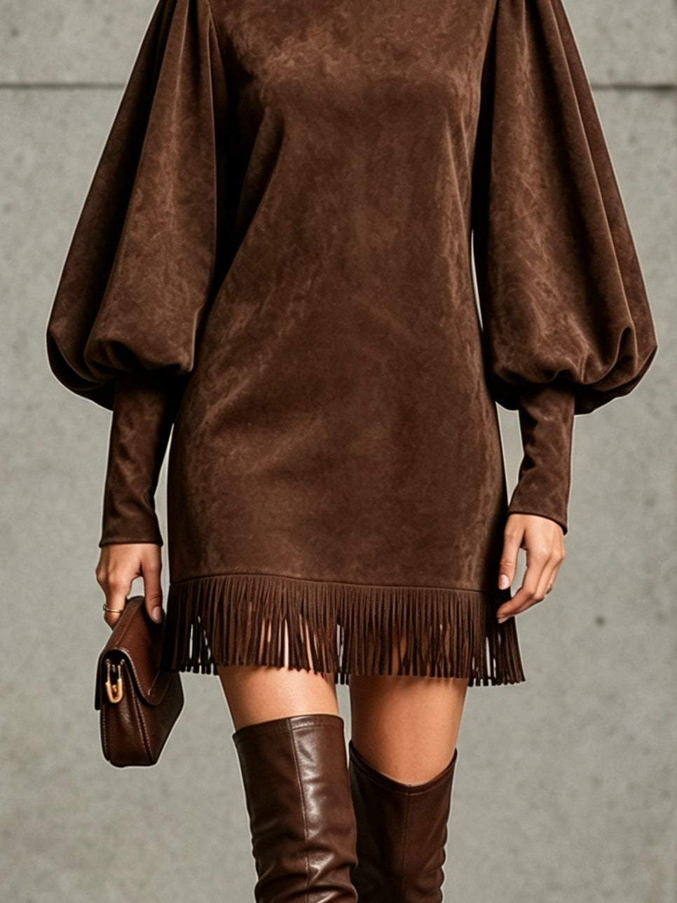 Chocolate Brown Faux‑Suede Lantern‑Sleeve Fringe‑Hem Mini Dress