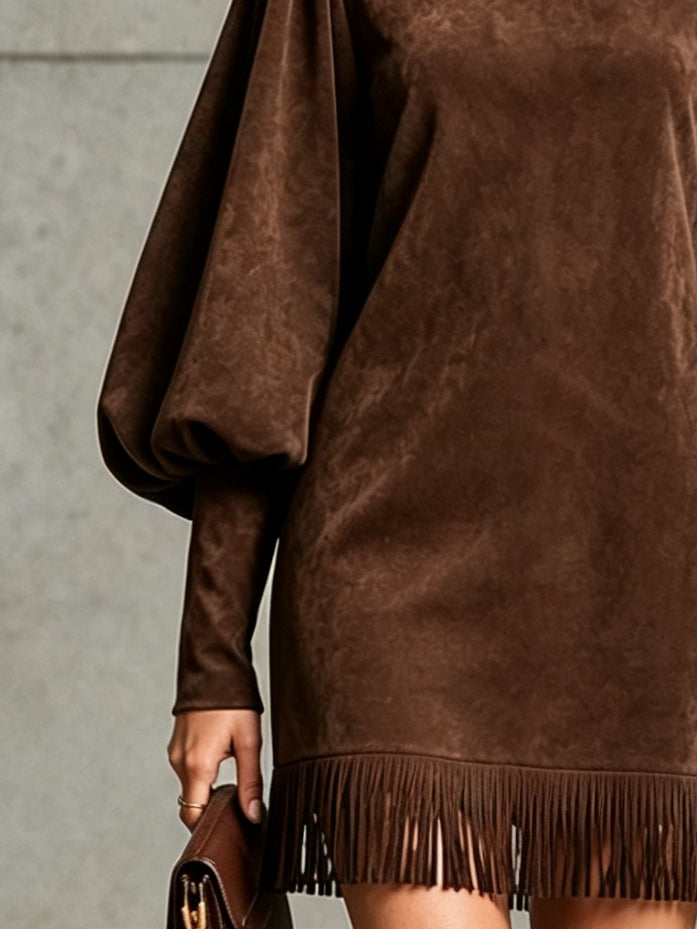 Chocolate Brown Faux‑Suede Lantern‑Sleeve Fringe‑Hem Mini Dress