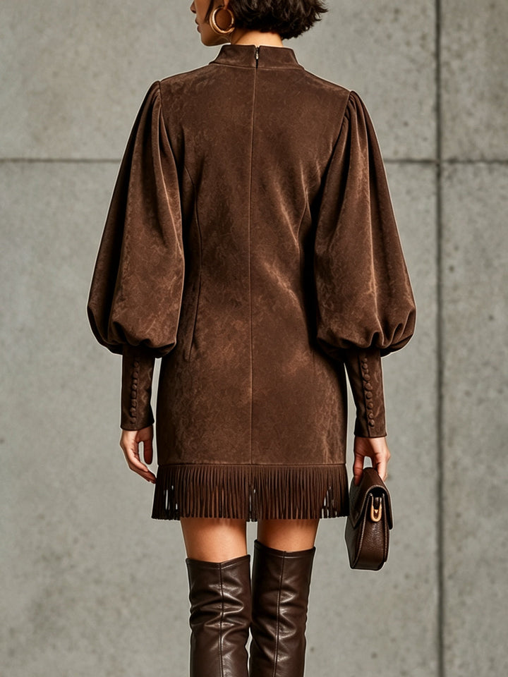 Chocolate Brown Faux‑Suede Lantern‑Sleeve Fringe‑Hem Mini Dress