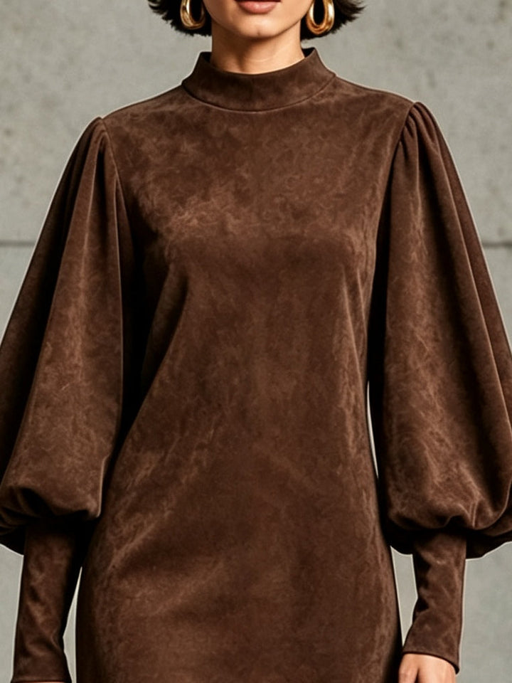 Chocolate Brown Faux‑Suede Lantern‑Sleeve Fringe‑Hem Mini Dress
