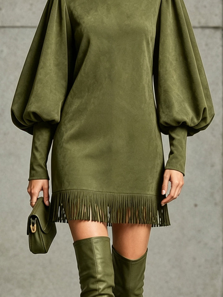 Olive Green Faux‑Suede Lantern‑Sleeve Fringe‑Hem Mini Dress