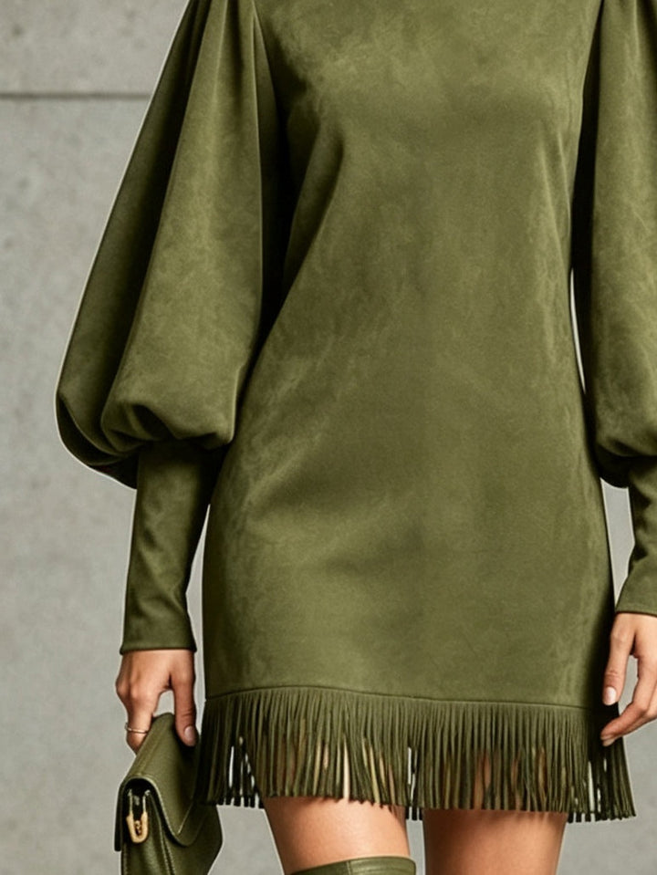 Olive Green Faux‑Suede Lantern‑Sleeve Fringe‑Hem Mini Dress