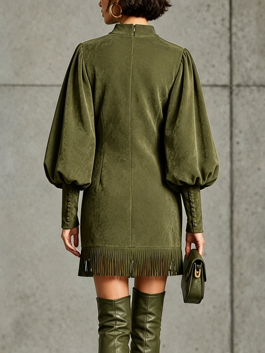 Olive Green Faux‑Suede Lantern‑Sleeve Fringe‑Hem Mini Dress