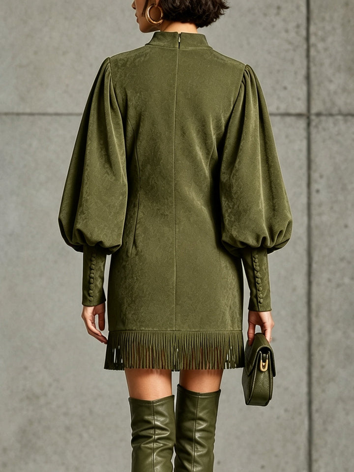 Olive Green Faux‑Suede Lantern‑Sleeve Fringe‑Hem Mini Dress