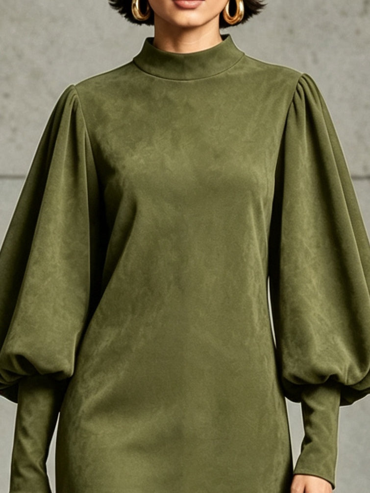 Olive Green Faux‑Suede Lantern‑Sleeve Fringe‑Hem Mini Dress