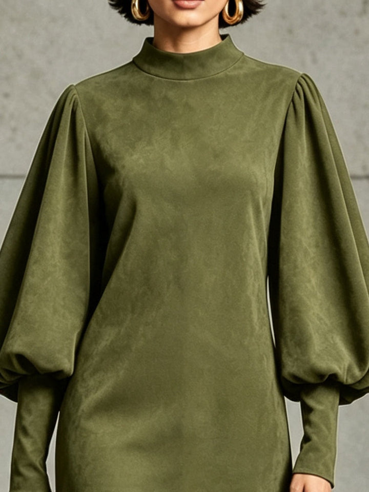 Olive Green Faux‑Suede Lantern‑Sleeve Fringe‑Hem Mini Dress
