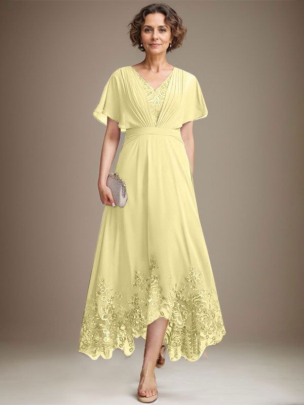 A-Line V-Neck Asymmetrical Lace Chiffon Mother of the Bride Dress with Pleats