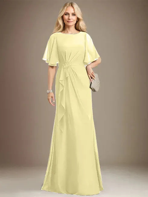 A-Line Scoop Floor-Length Chiffon Mother of the Bride Dress with Cascading Ruffles, Beading, and Sequins