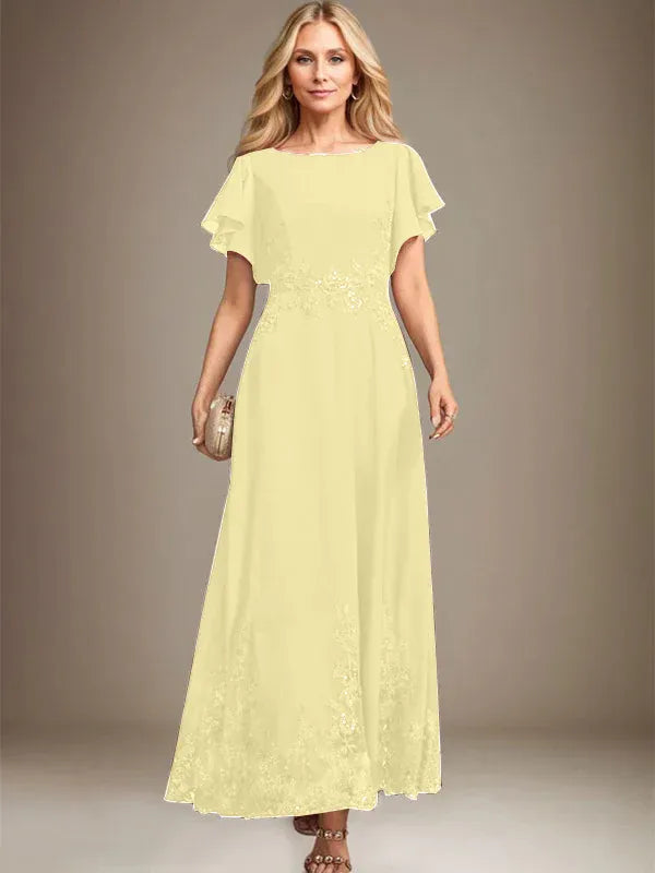 A-Line Scoop Neck Ankle-Length Lace and Chiffon Mother of the Bride Dress with Sequins