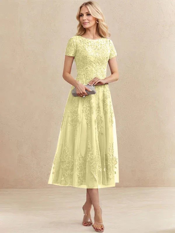 A-Line Scoop Neck Tea-Length Tulle Lace Mother of the Bride Dress