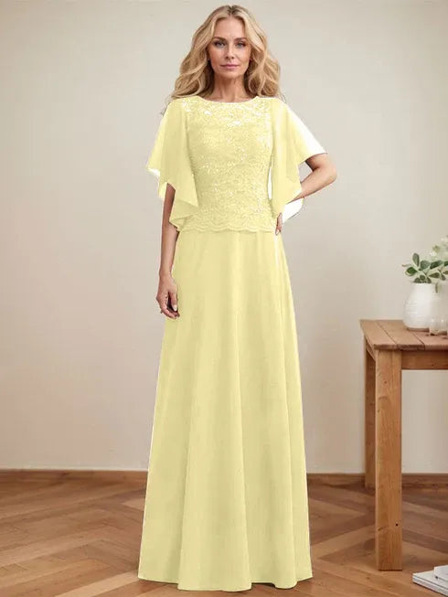 A-Line Scoop Neck Illusion Floor-Length Lace Chiffon Mother of the Bride Dress with Sequins