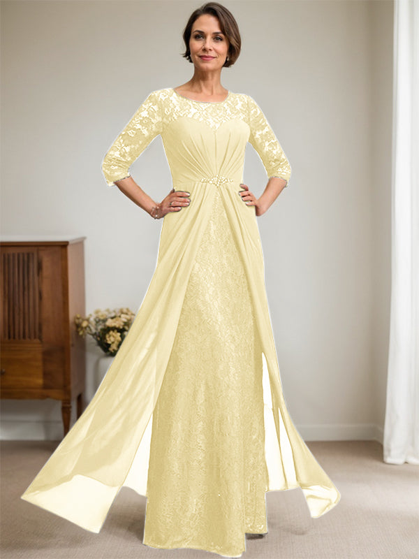 A-Line Scoop Neck Illusion Floor-Length Lace Chiffon Mother of the Bride Dress with Beaded Ruffles