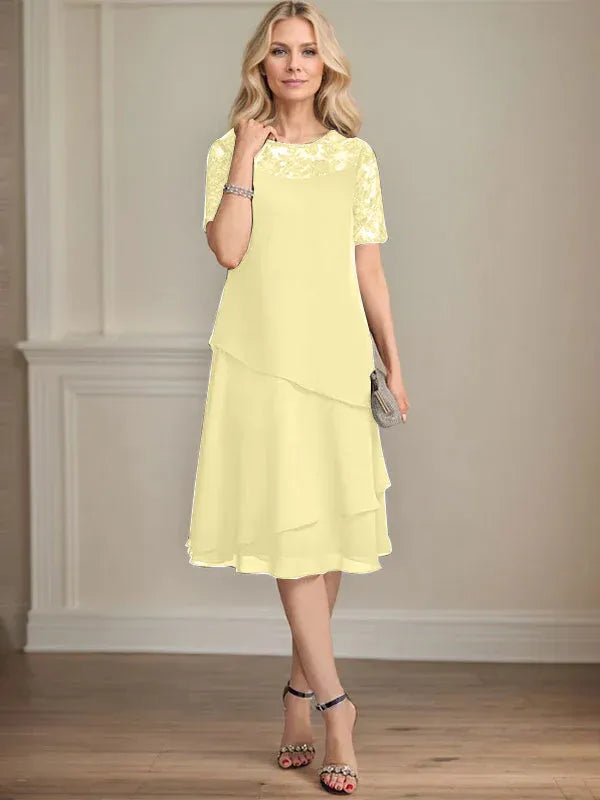 A-Line Scoop Neck Illusion Knee-Length Lace Chiffon Mother of the Bride Dress with Sequins