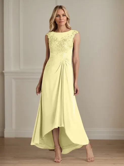 Champagne A-Line Lace and Chiffon Scoop Neck Dress