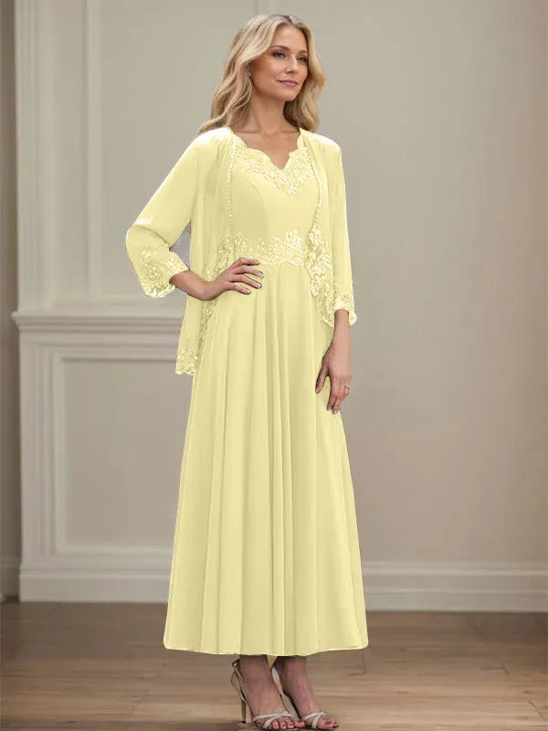 A-Line V-Neck Chiffon Mother of the Bride Dress with Sequins, Appliques, Lace, and Beading at Ankle Length