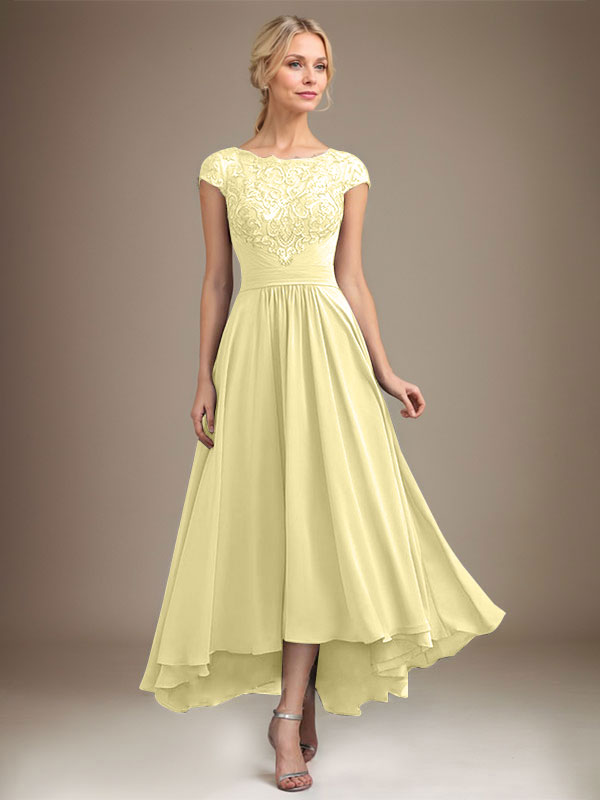 A-Line Scoop Neck Illusion Asymmetrical Lace Chiffon Mother of the Bride Dress with Pleats