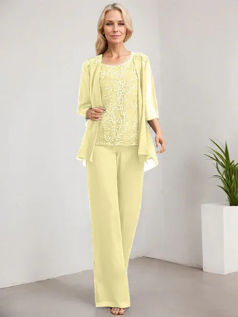 Floor-Length Lace Chiffon Mother of the Bride Jumpsuit/Pantsuit with Scoop Neck and Sequins