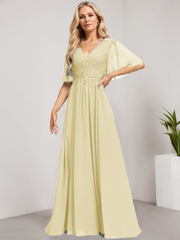 A-Line V-Neck Floor-Length Lace Chiffon Mother of the Bride Dress with Sequins