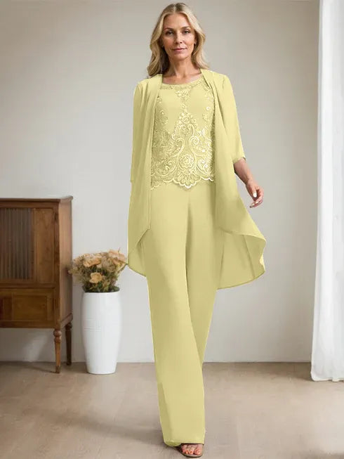 Floor-Length Chiffon Lace Mother of the Bride Jumpsuit/Pantsuit with Scoop Neck, Beading, and Sequins