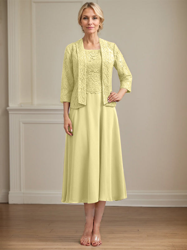 A-Line Scoop Neck Tea-Length Lace Chiffon Mother of the Bride Dress