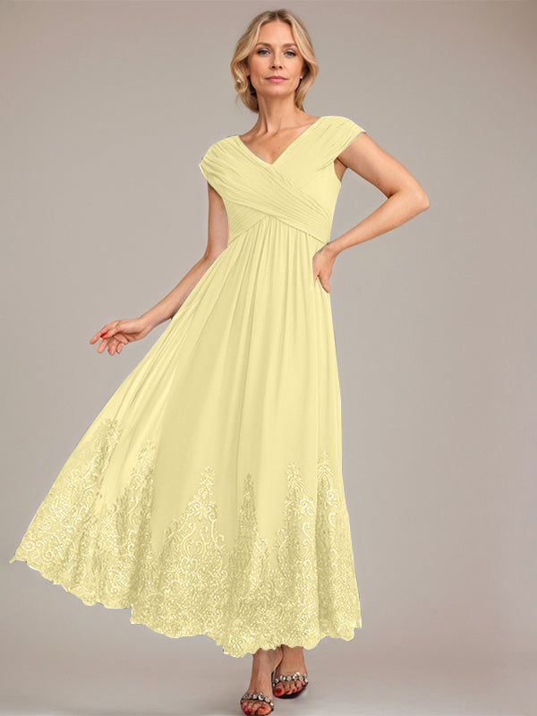 A-Line V-Neck Chiffon Mother of the Bride Dress with Appliqué and Sequins, Ankle-Length