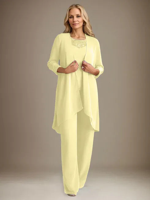 Chiffon Scoop Neck Long Sleeve Mother of the Bride Pantsuit with Jacket