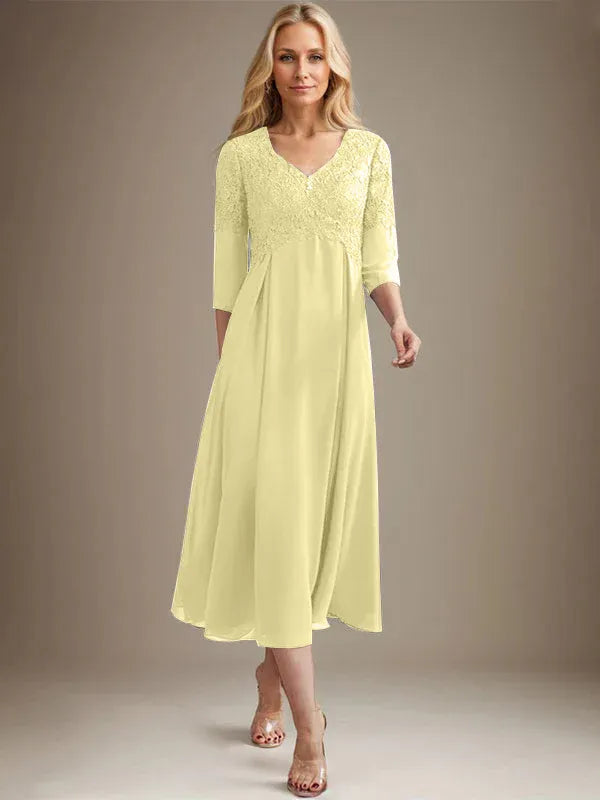 A-Line V-Neck Tea-Length Chiffon Lace Mother of the Bride Dress with Beading
