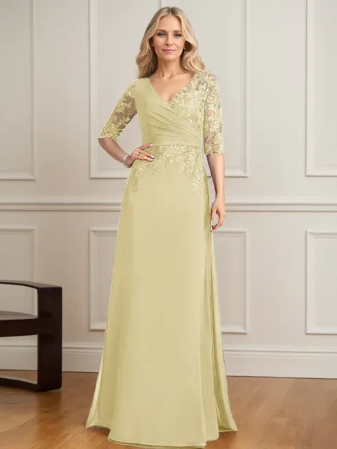 A-Line V-Neck Floor-Length Lace and Chiffon Mother of the Bride Dress with Pleated Sequins