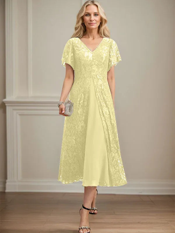 A-Line V-Neck Tea-Length Lace Chiffon Mother of the Bride Dress