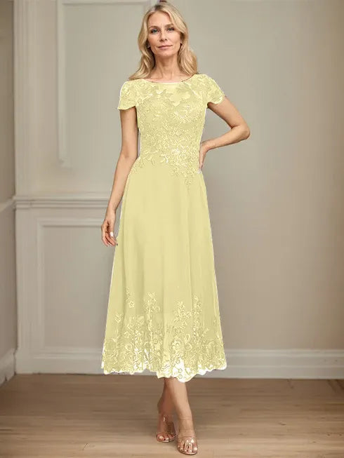 A-Line Illusion Scoop Tea-Length Lace Chiffon Mother of the Bride Dress with Sequins