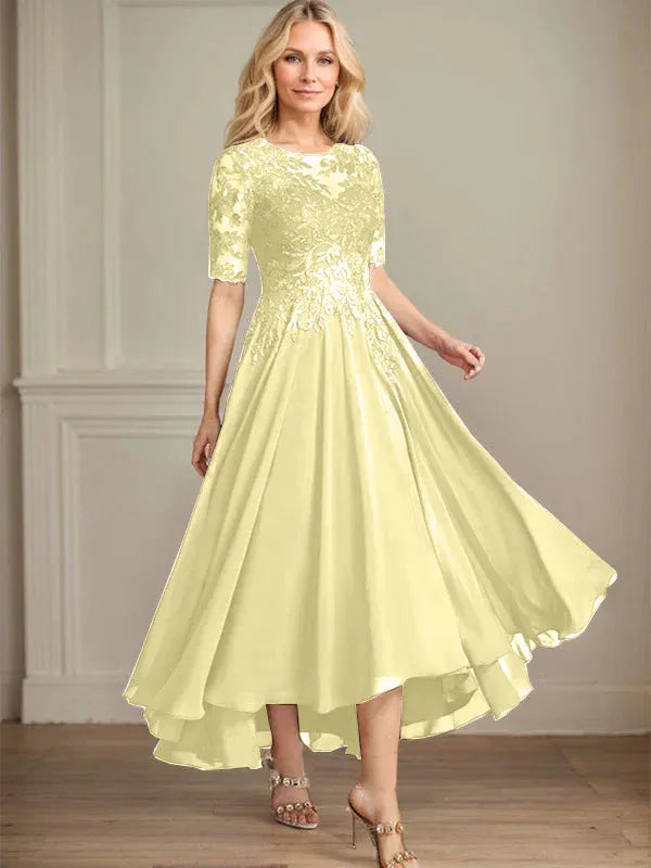 A-Line Scoop Neck Illusion Asymmetrical Chiffon and Lace Mother of the Bride Dress with Sequins