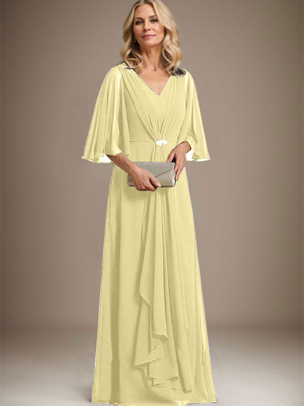 A-Line V-Neck Floor-Length Chiffon Mother of the Bride Dress with Cascading Ruffles and Crystal Brooch