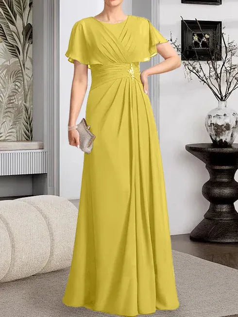 A-Line Scoop Neck Floor-Length Chiffon Mother of the Bride Dress with Pleated Beading