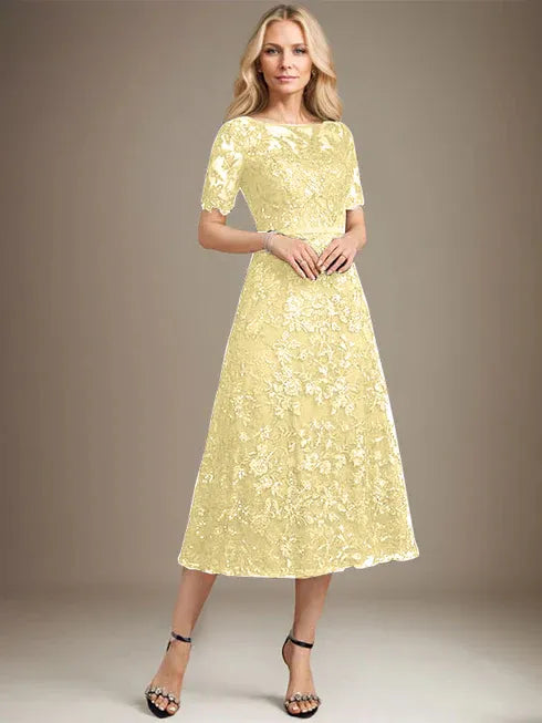 A-Line Scoop Neck Illusion Tea-Length Lace Mother of the Bride Dress with Sequins
