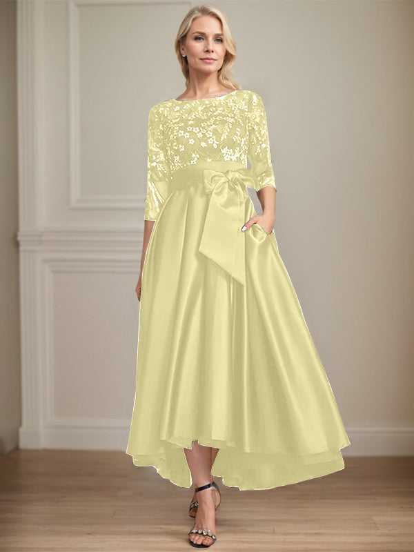 A-Line Scoop Neck Illusion Asymmetrical Satin Lace Mother of the Bride Dress with Bow