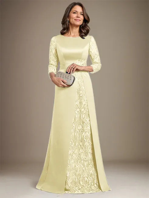 Floor-Length A-Line Lace Satin Mother of the Bride Dress with Scoop Neck and Applique