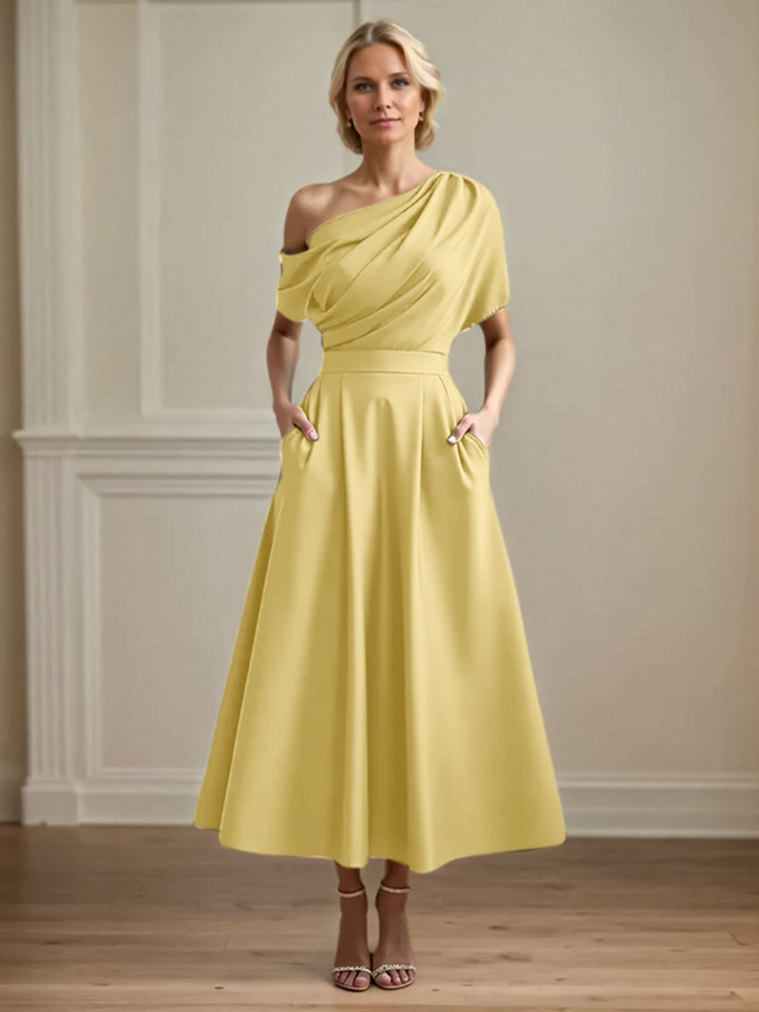 One-Shoulder Satin A-Line Pleated Ankle-Length Mother of the Bride Dress