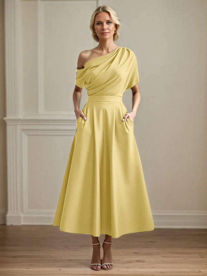 One-Shoulder Satin A-Line Pleated Ankle-Length Mother of the Bride Dress