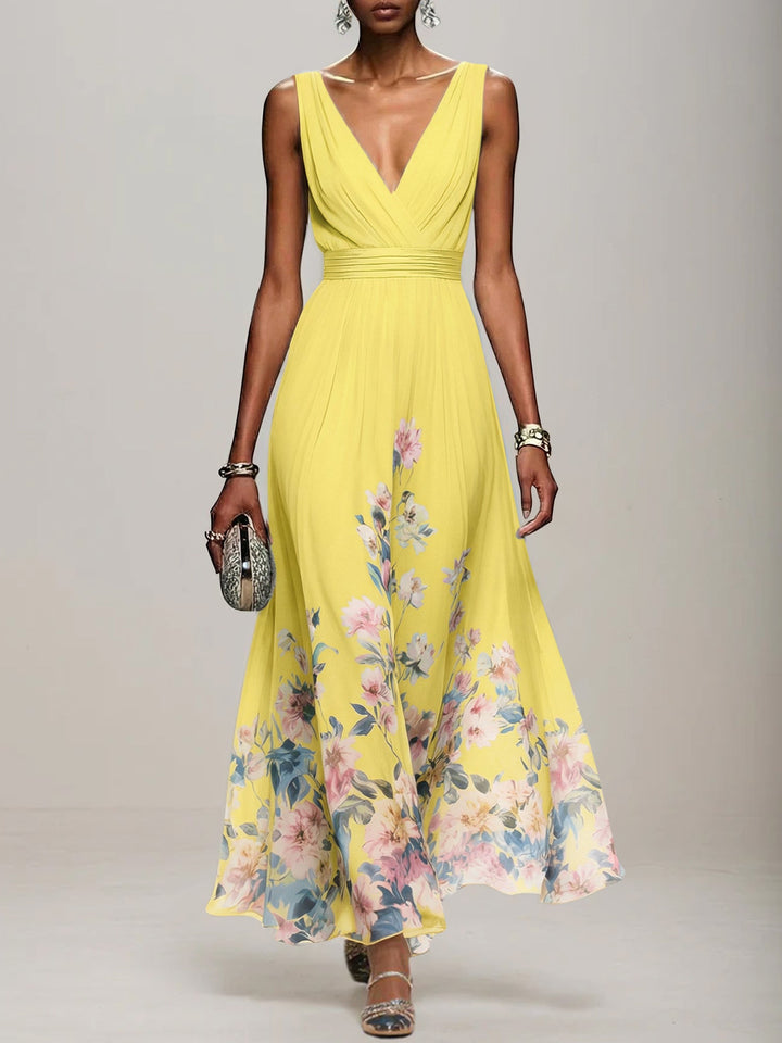 Light Blue Floral Chiffon V-Neck Sleeveless A-Line Maxi Dress